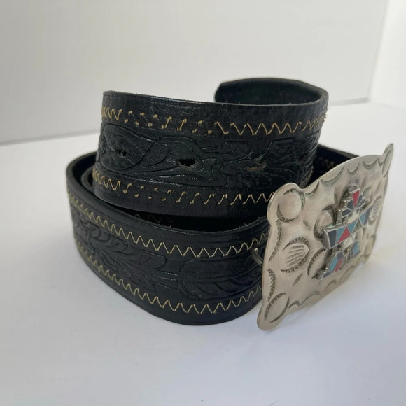 Native American Turquoise Silver Genuine Leather Buckle Tooled Belt black Sz 38 - Picture 7 of 8